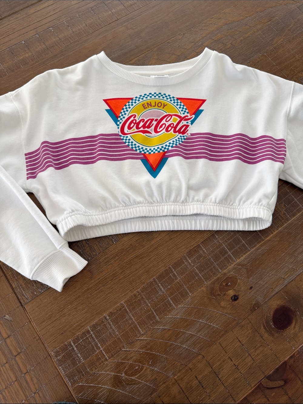 Coca-Cola White Cropped Sweatshirt with Retro Multicolor Logo